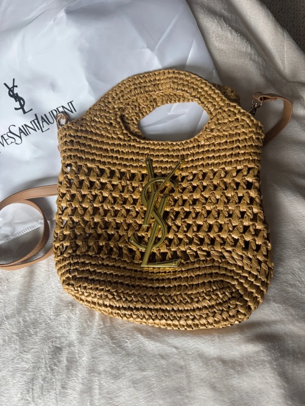 Yves Saint Laurent Tan Woven Raffia Crossbody with Gold YSL Emblem - Picture 2 of 8